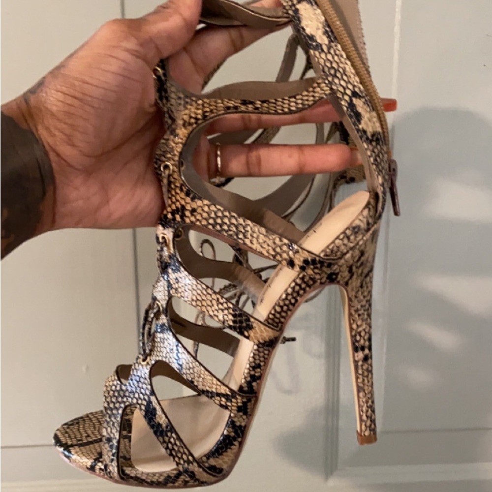 Tan & Black Croc-Skinned Lace Up Knee High Heeled Sandals